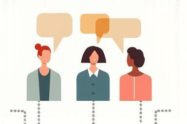 Abstract graphic representing diverse people and interconnected speech bubbles.