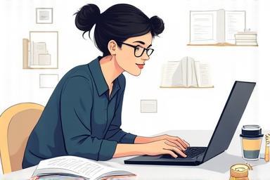 Person learning on a laptop with professional materials.