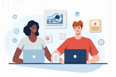 Graphic of people learning on computers.